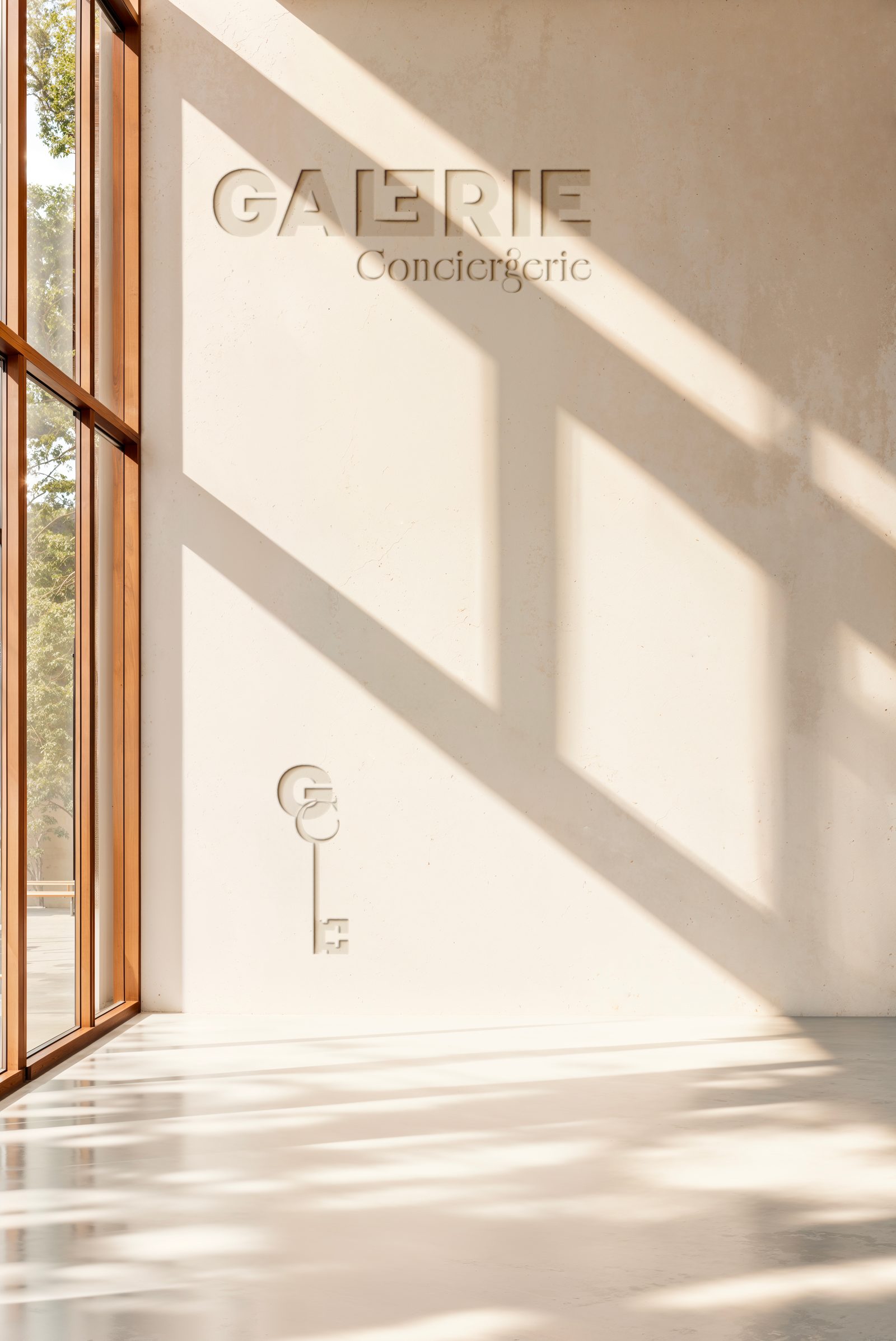 Signage intérieur — wordmark et clé débossés sur enduit.